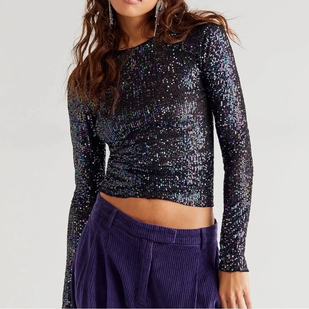 NWT Free People Women's Gold Rush Long Sleeve Top in black
